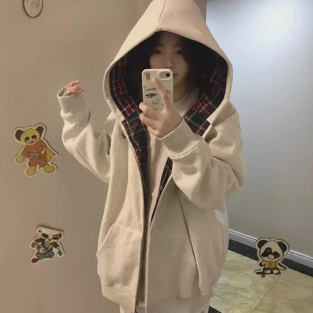 2024 Women's Splicing Plaid Hooded Cardigan Sweater - Loose, Casual, Versatile, Plus Velvet, Thickened for Spring, Autumn, Winter.
