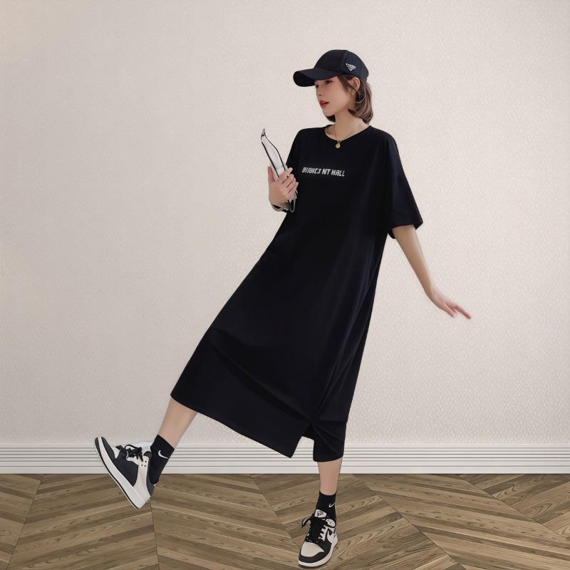 Женское повседневное платье-футболка с короткими рукавами Lazy Fashion, длинное платье с разрезом выше колена