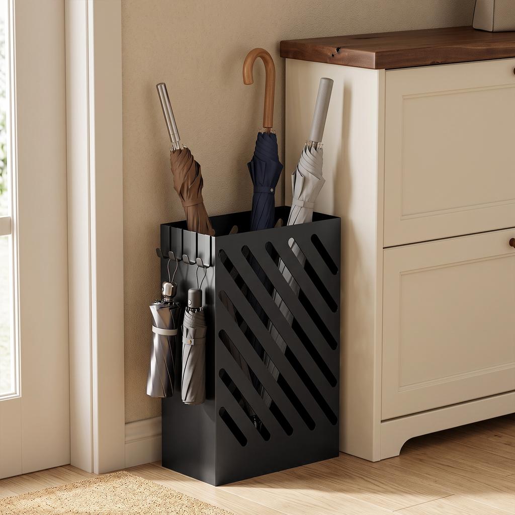 Umbrella Stand with Drip Tray, 4 Hooks, Steel, 28L x 14W x 41H cm, Black