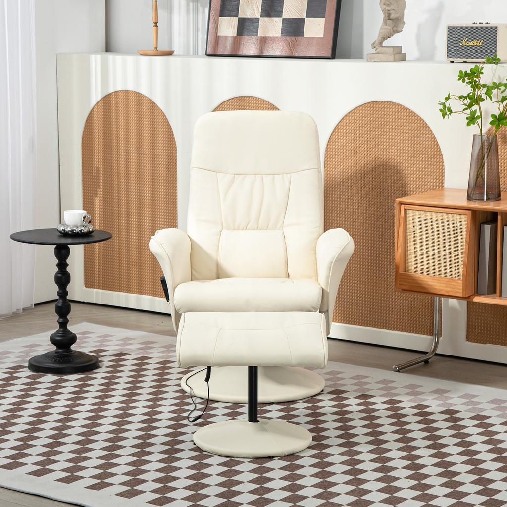 Massage Chair with Footstool, Ergonomic Chair with 10 Vibration Points, Faux Leather, 76 x 81 x 105 cm, Cream White