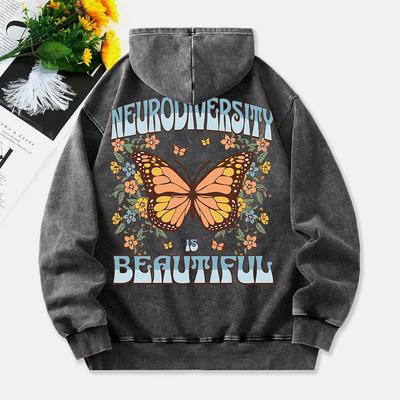 Нейроразнообразие Прекрасно Выстиранные Худи Женские Топы из Хлопка с Принтом Бабочки Карман Оверсайз Теплая Одежда