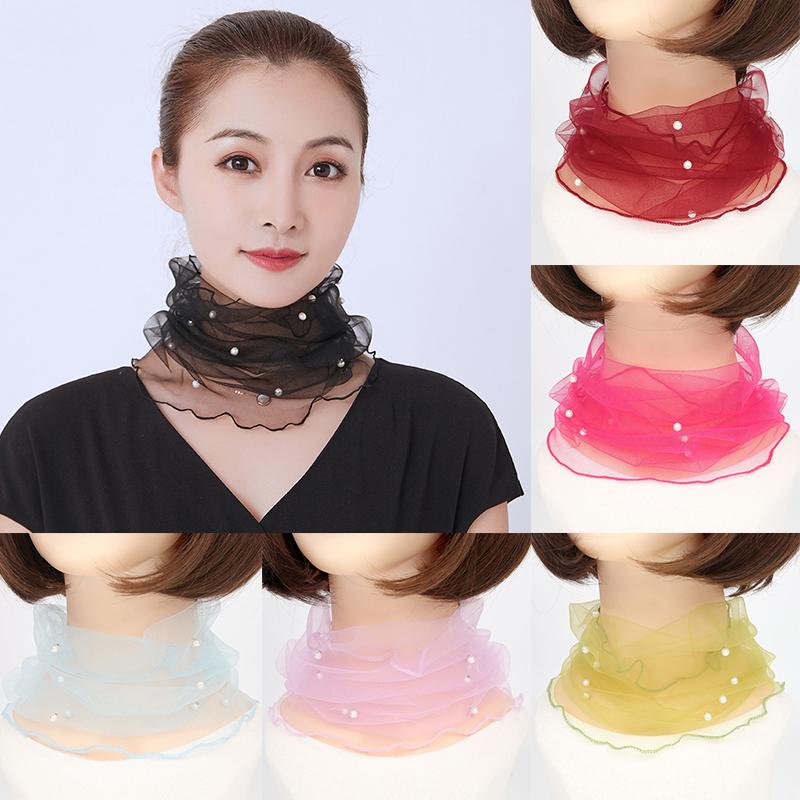 Women Clothing Accessories Transparent Scarf Circle Scarf Pearl Decor Mesh Fashion Elegant