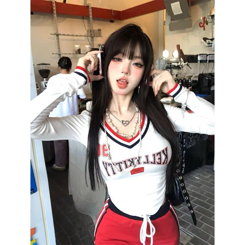 Y2k Aesthetic Streetwear T-Shirts Women American Retro Sexy Coquette Striped Patchwork Slim Tees Tops E-girl Autumn