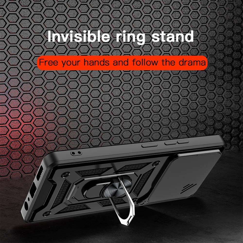 KEYSION Shockproof Armor Case for TECNO Pova 6 Pro 5G Slide Camera Lens Protection Metal Ring Stand Phone Cover for POVA 6 Neo
