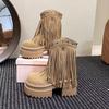 Fashion Women Tassels High Heels 8CM Thick Platform Short Boots Chunky Leather Shoes Woman Autumn Winter Platform Motorcycle Boots Botas