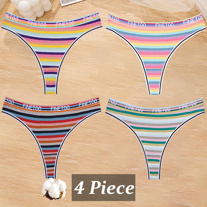4Pcs/Set Women Cotton Colorful Stripe Panties Sexy Underwear G-Strings Rainbow Thongs Female Soft Breathable Intimates Lingerie
