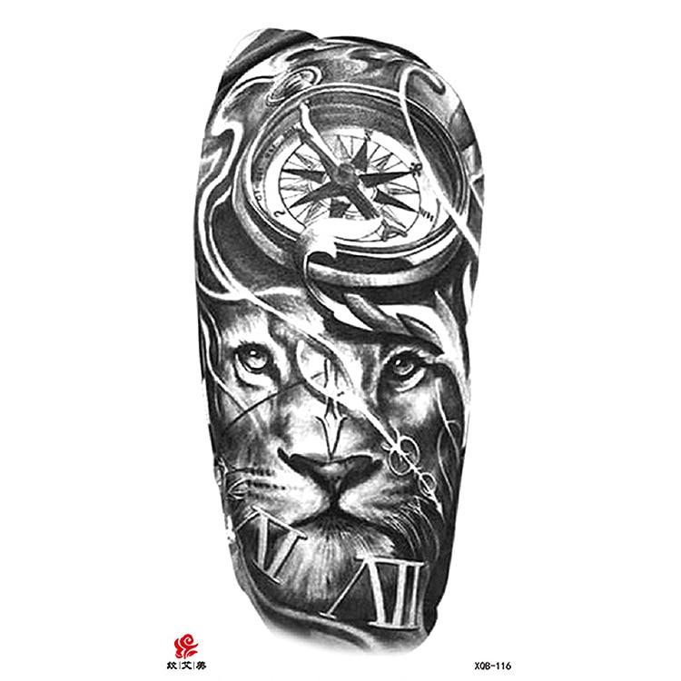 Маленькая водонепроницаемая временная татуировка на всю руку с головой волка, тигра и цветка, наклейка для боди-арта, рука для мужчин и женщин
