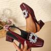 Женские сандалии Сандалии на толстом каблуке с пряжкой из водных бриллиантов Женские летние 2025 Новые туфли Баотоу Женские французские ретро туфли с квадратным носком