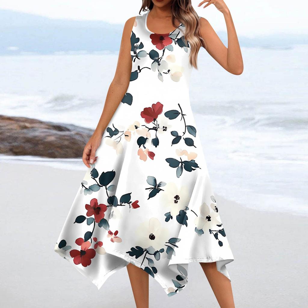 Женское повседневное модное платье миди без рукавов с круглым вырезом и цветочным принтом, нерегулярный подол