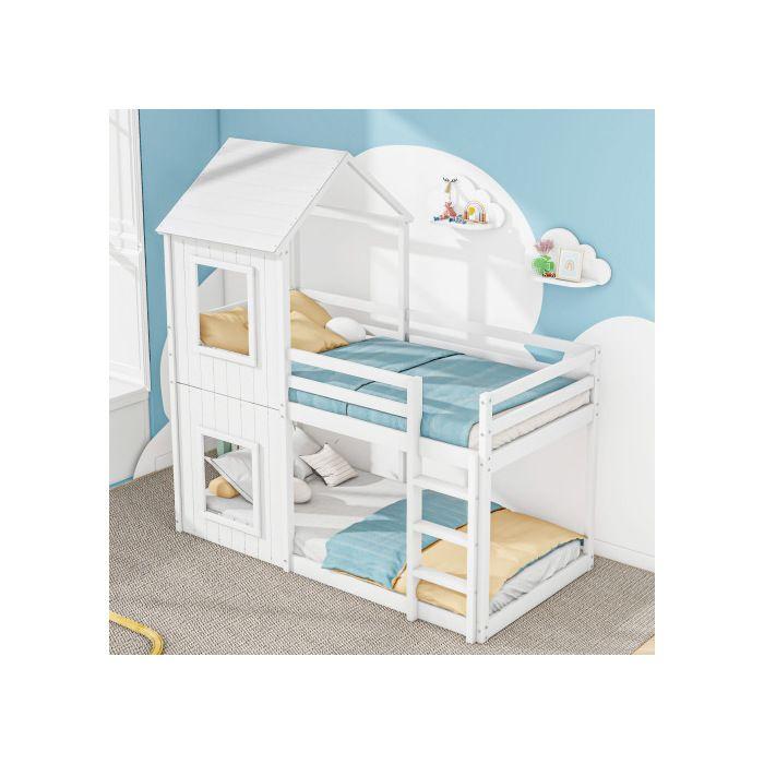 Двухъярусная кровать - MUVOE - 90x200 см - Массив дерева - Белый - С лестницей и балдахином