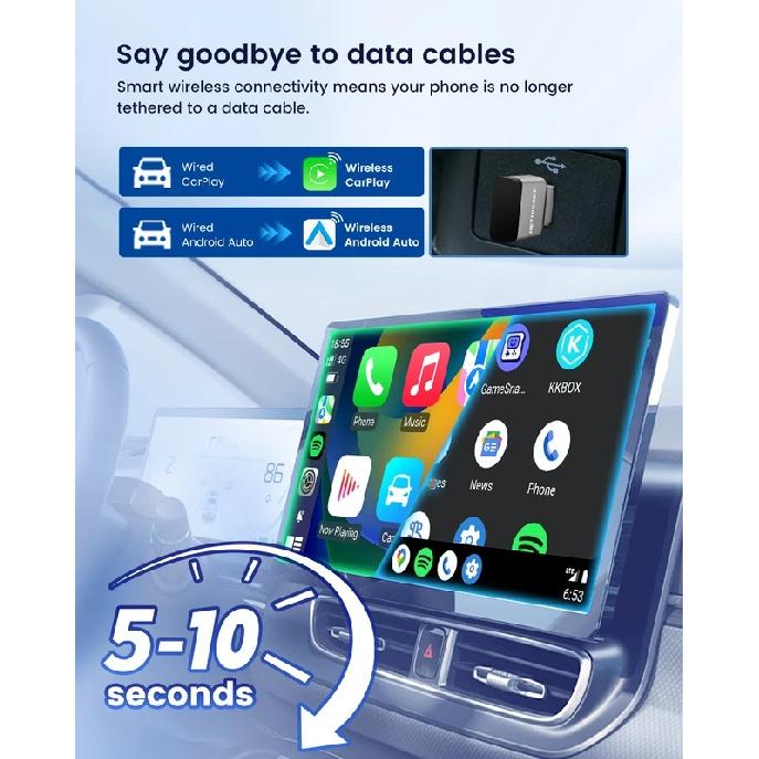 HEYINCAR Wired To Wireless CarPlay/Android Auto Adapter Plug and Play USB-A/C for VW Toyota Nissan Ford Benz for OEM Wired Cars