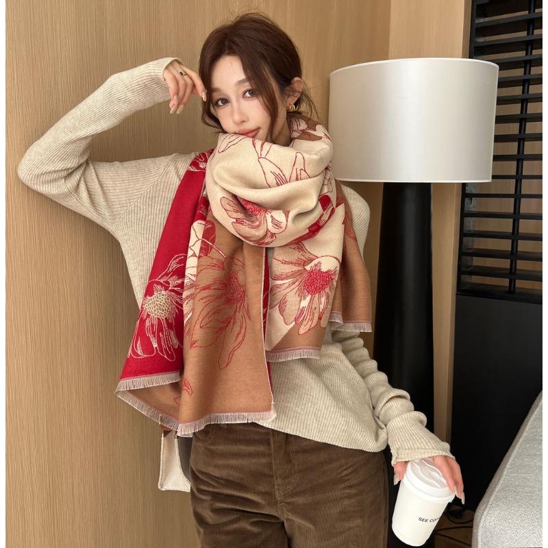 New Magnolia Floral Jacquard Thickened Scarf Women's Autumn and Winter Versatile Imitation Cashmere Shawl Windproof Warm Scarf