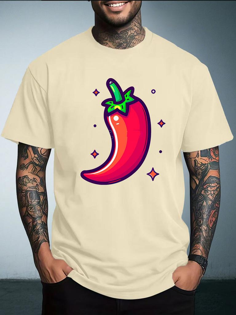 Unisex Summer White Short Sleeve Tee Cute Cartoon Red Chili Pepper Sparkle Graphic Crew Neck Loose Casual Male Daily Tops
