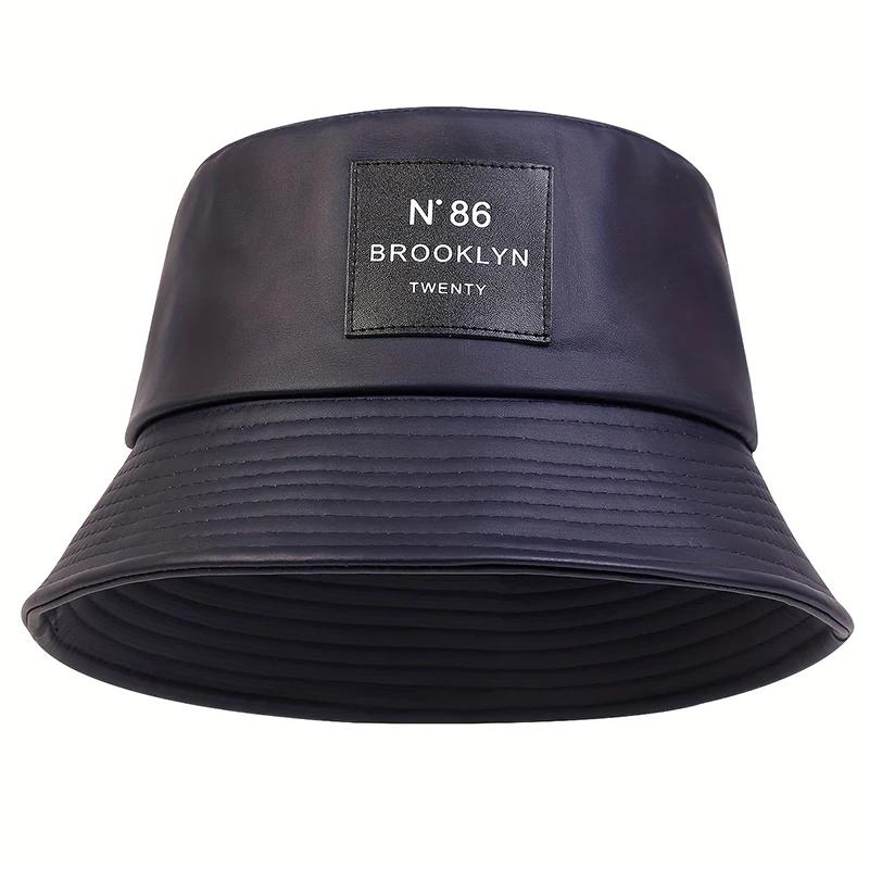 Унисекс Brooklyn Leather Label Bucket Hat PU Leather Fisherman Hat Outdoor Travel Hat Sunscreen Hats for Men Women Bucket Hats