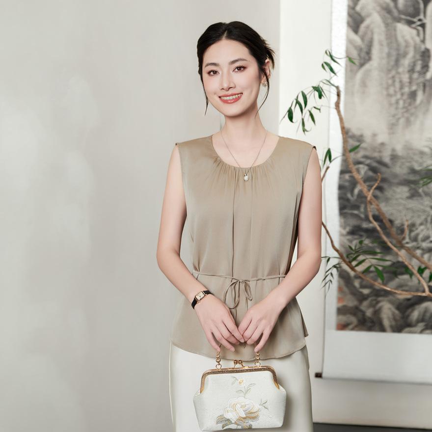 Летний новый шелковый жилет женский без рукавов шелк тутового дерева сатин на шнуровке короткий плиссированный топ с круглым вырезом