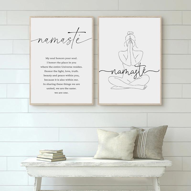 Намасте Определение Холст Картина Обнаженная линия Настенная картина Йога Дзен Черно-белые постеры и принты для гостиной Домашний декор