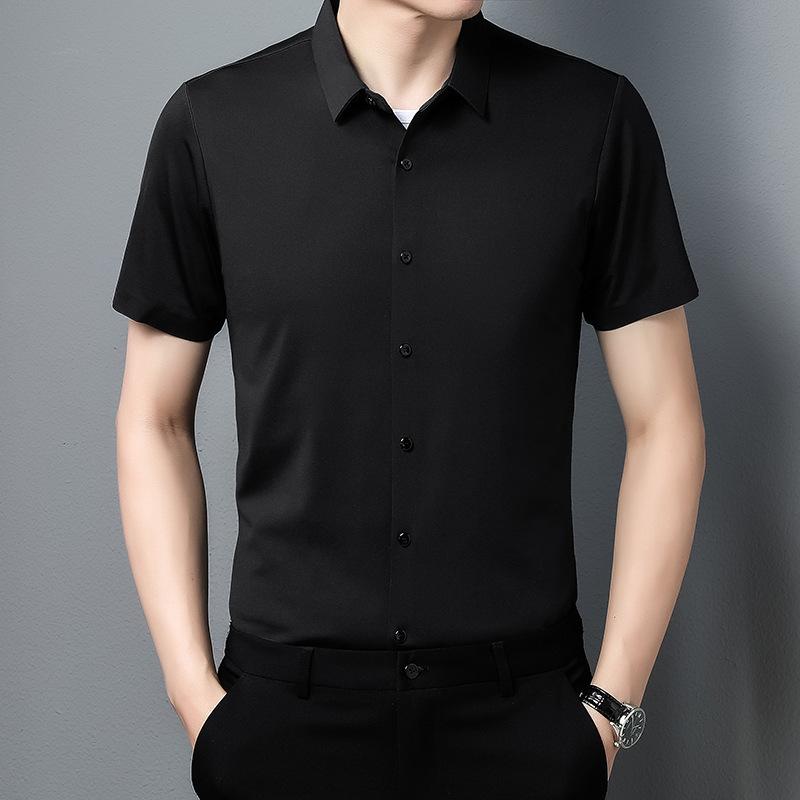 Летняя новая бесшовная рубашка с тесьмой, мужская, с короткими рукавами, модная, эластичная, однотонная, деловая, не требующая глажки, мужская рубашка