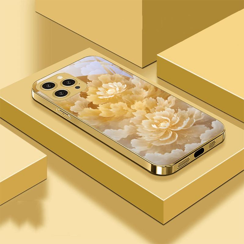 Золотые цветы и фениксы для iPhone 16 Pro Max 15 P Ro 14 M Ax 13 Plus 12 Mini 11 XS Max XR Золотой чехол для телефона из закаленного стекла