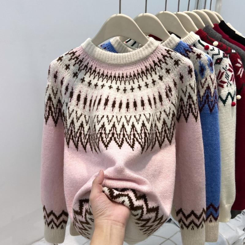 Vintage Crew Neck Jacquard Lazy Wind Bottom Top Women's Winter Fair Island Sweater Age Reducing Thickened Knitted Sweater