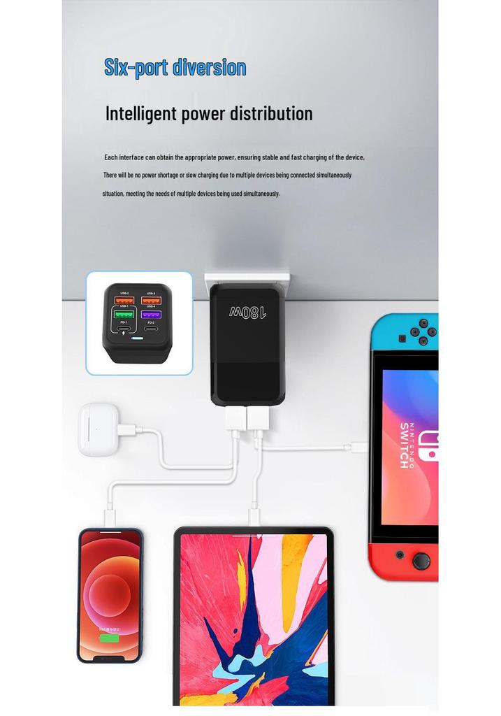Быстрое зарядное устройство GaN на 180 Вт с несколькими портами USB+PD, функцией автоматического отключения и защитой безопасности