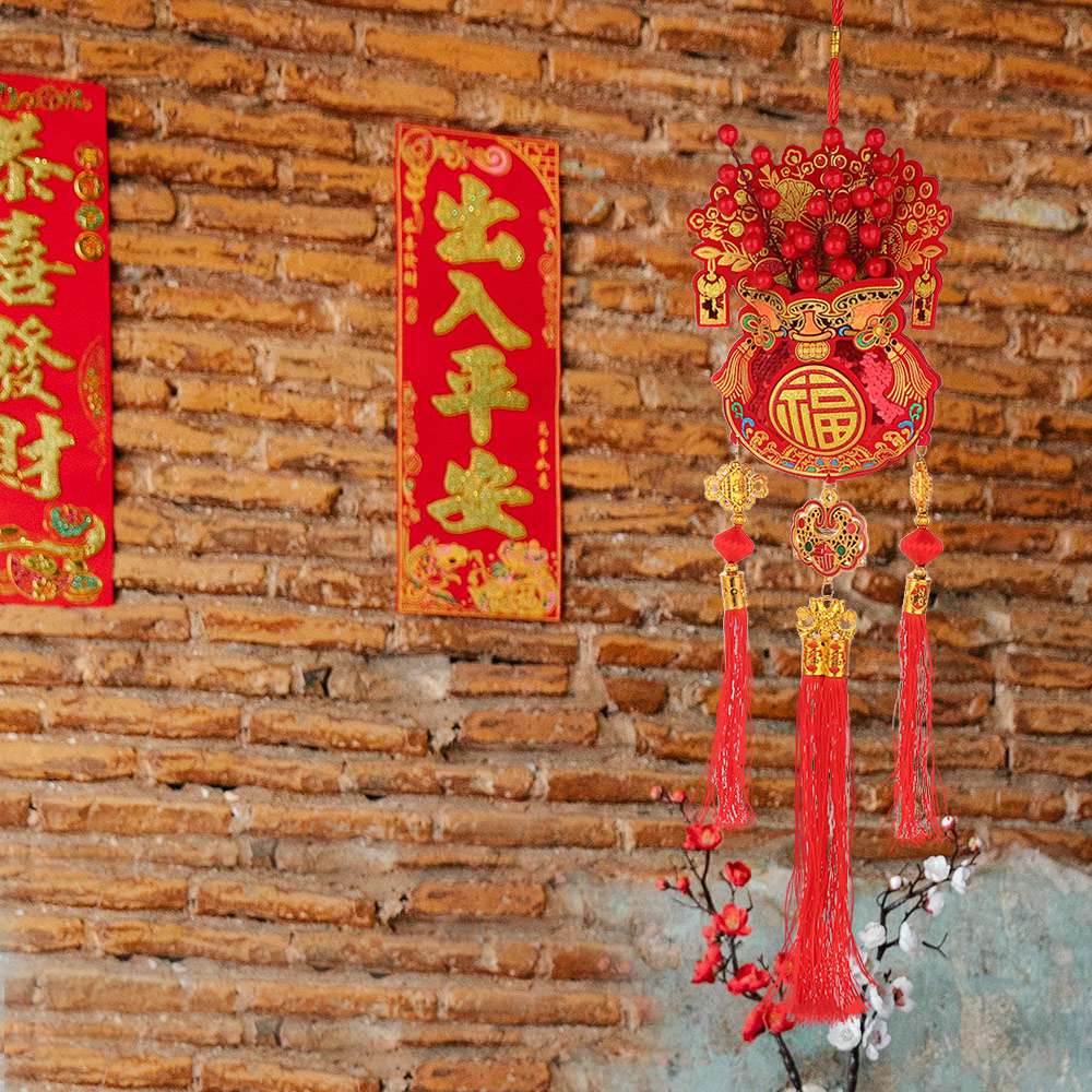 Lucky Bag Shape Chinese New Year Decoration with Tassel Festive Hanging Ornaments Room
