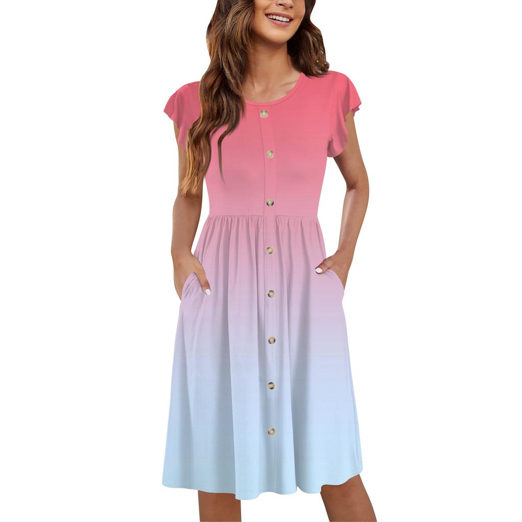 Женские летние платья с круглым вырезом и рукавами-крылышками, повседневные свободные платья-миди с карманами на пуговицах и принтом