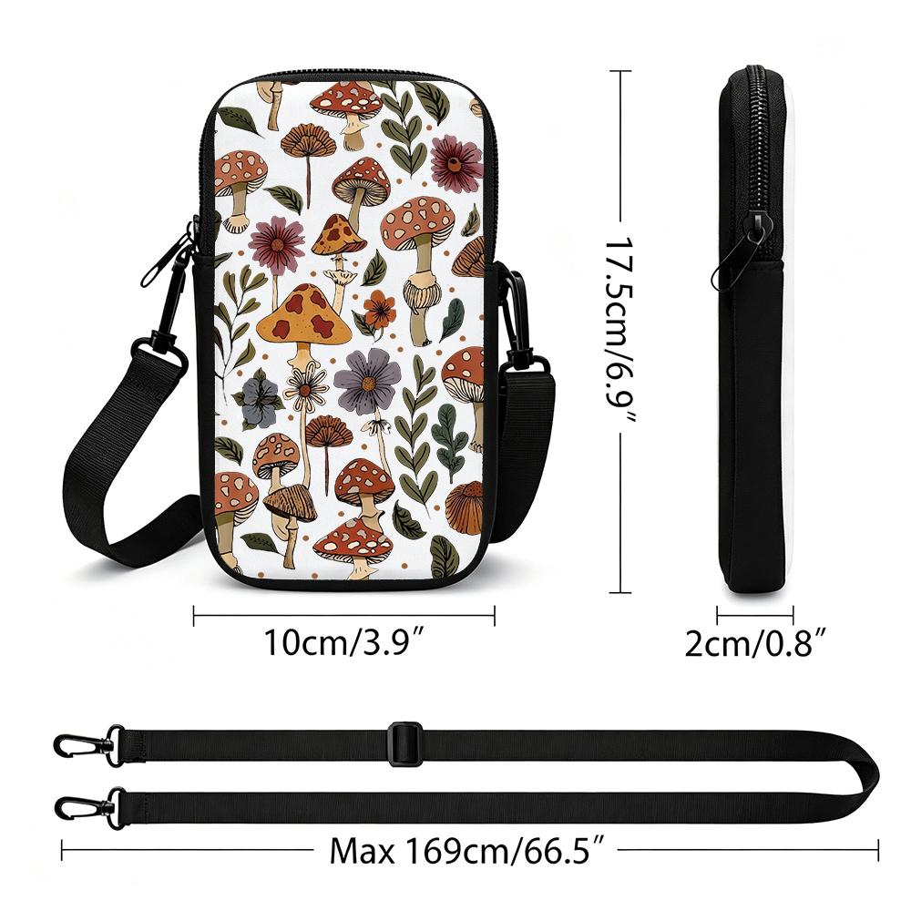 Vintage Mushroom Botanical Floral Print Crossbody Phone Bag, Aesthetic Cottagecore Garden Small Shoulder Purse, Christmas Gift Practical Travel Phone