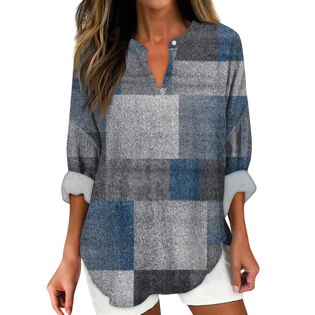 Women's Fashion Casual Printed Drop Shoulder Long Sleeve V-Neck Women's Hemp Top