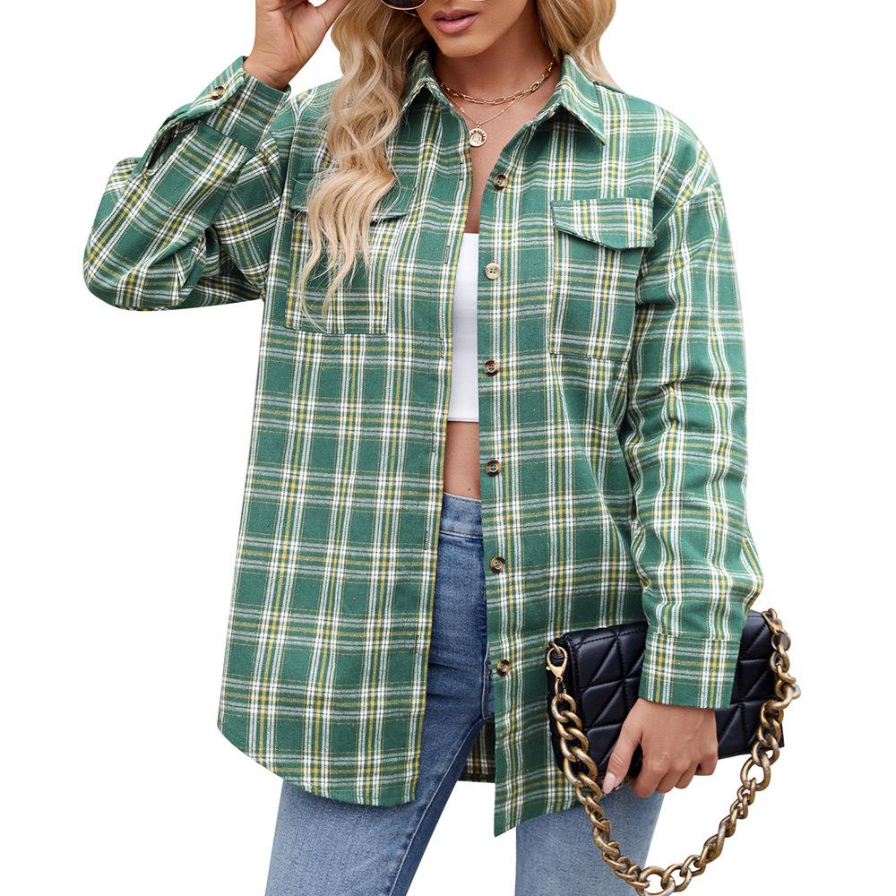 Women's Fashion Casual Spring Fall Plaid Print Long Sleeve POLO Neck Blouses & Shirts