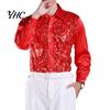 Sequin Embellished Men Shirt Luxury Sequins Performance Lapel Long Sleeve Single-Breasted Lightweight Wedding Stage Slim Fit Formal Casual Tops