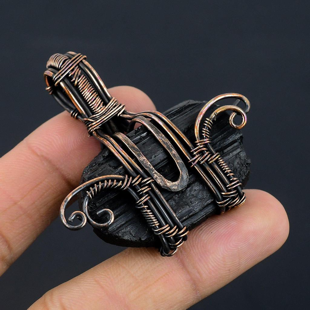 Подвеска из черного турмалина, Ювелирное изделие из драгоценного камня, Подвеска, обернутая медной проволокой 999 пробы, Удивительное ювелирное изделие ручной работы