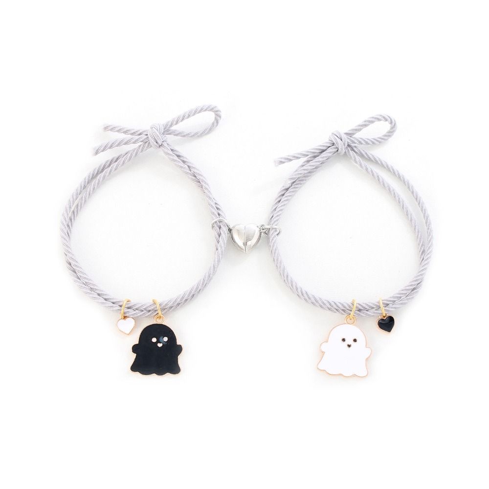 Cute Cartoon Halloween Couple Bracelets Black White Ghost Pendant Leather String Bracelet Couple