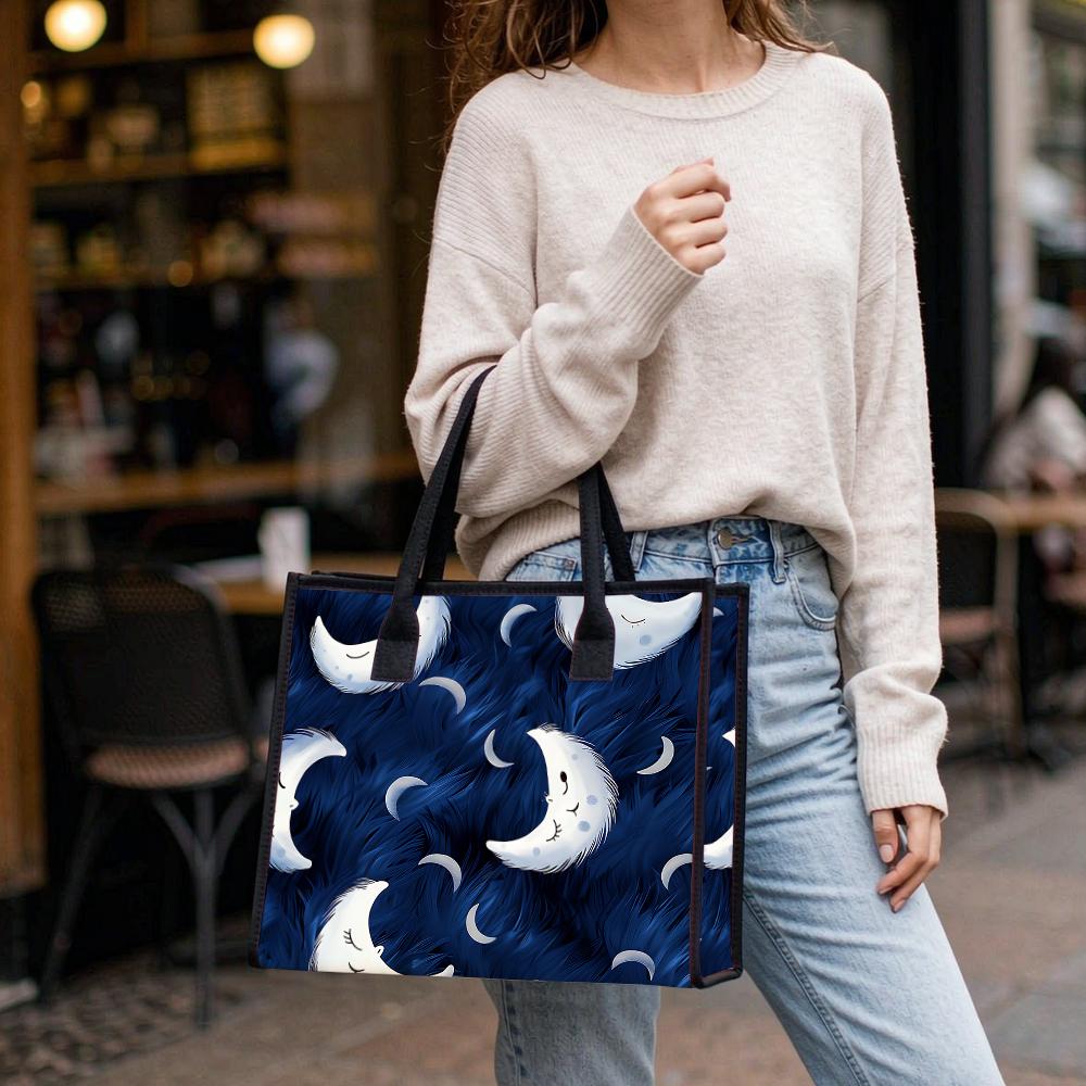 Cute Moon Pattern Tote Bag Casual Large Capacity Handbag for Daily Shopping Travel Use
