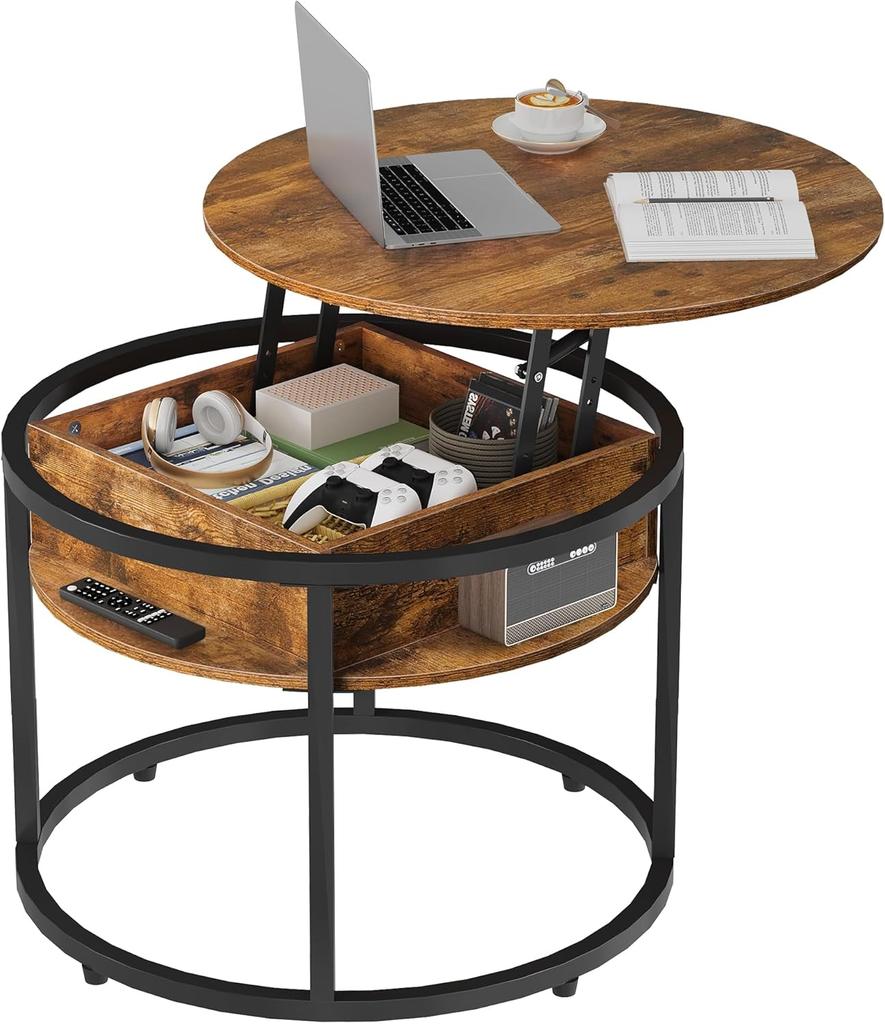 WLIVE Round Coffee Table with Lifting Plate, Living Room Table Height Adjustable with Storage Space, 60 x 60 x 50 cm, Coffee Table for Living Room