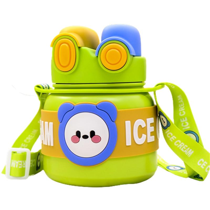 Lingpan Cute Cartoon Double Drinking Straw Big Belly Cup For Girls Outdoor Travel Shoulder Bag Water Bottle Large Capacity 850ml Barrel