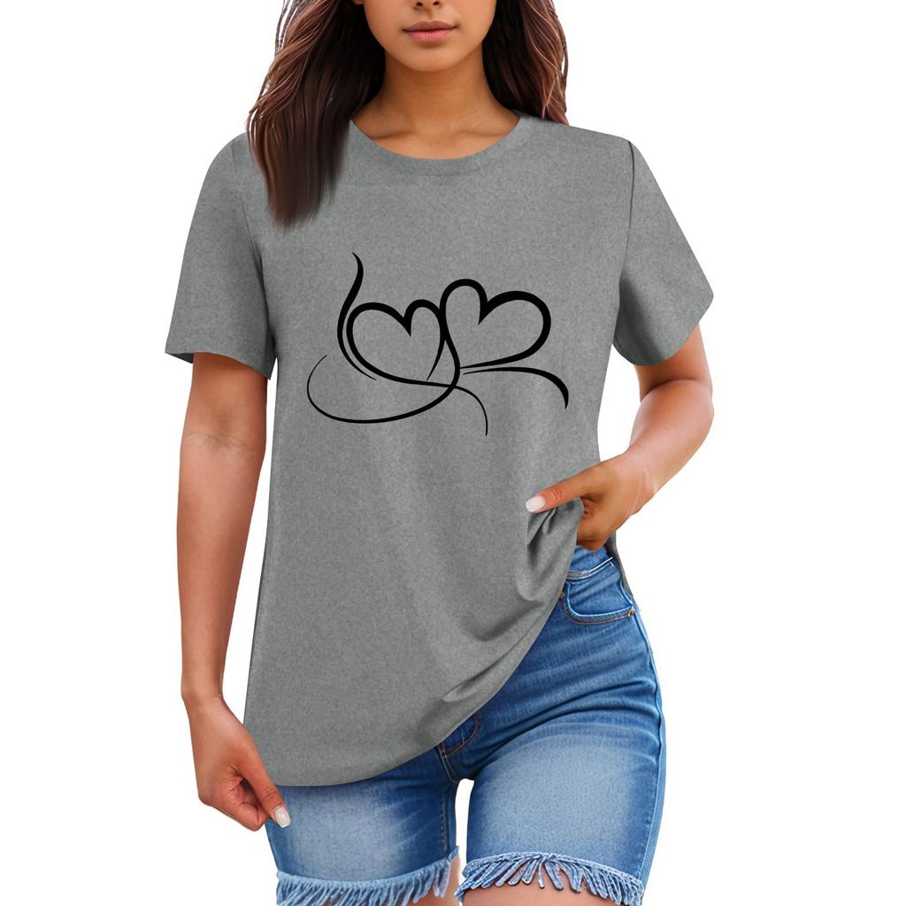 Ladies' Loose Comfortable Casual Fashionable Heart Pattern Printed Round Neck Short Sleeved Shirt