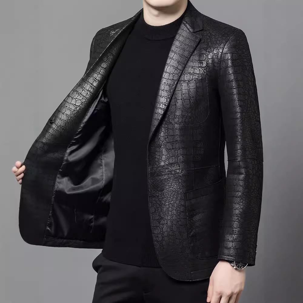 Leather Sheepskin Suit Collar Crocodile Jacket Men's Leather Leather Suit Collar Casual Jacket