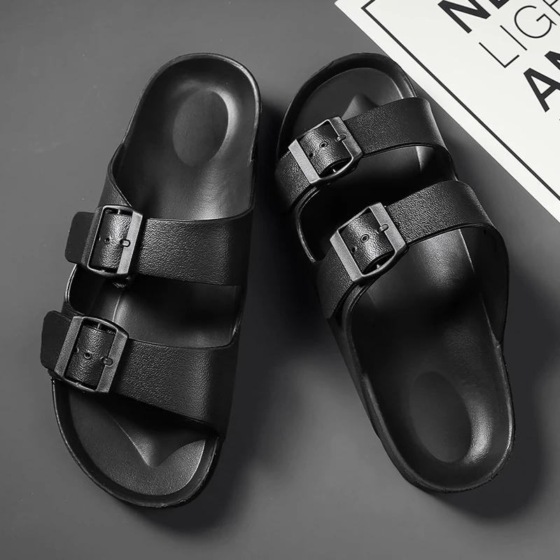 Модные мужские пляжные тапочки без застежек с пряжкой Casual, удобный плоский каблук для пар