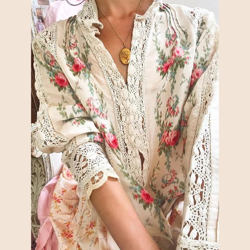 VONDA Женские блузки с длинным рукавом и цветочным принтом, кружевные, с застежкой-лацканом