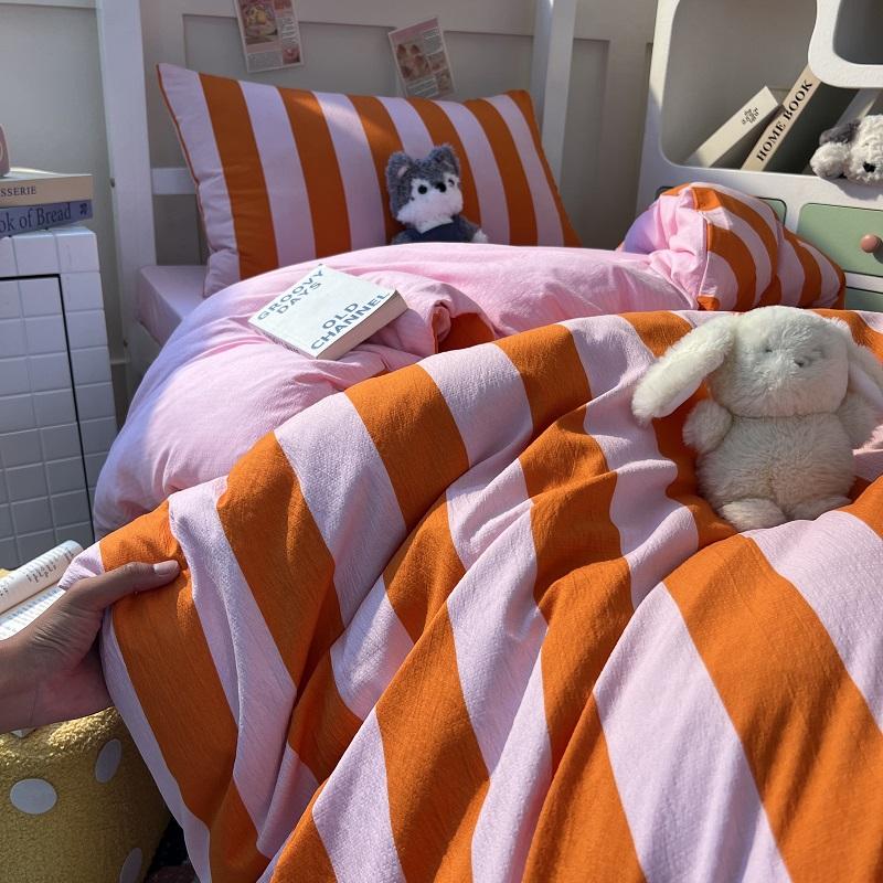 3pcs orange pink stripe Duvet Cover Set (1*Duvet Cover + 2*Pillowcase, Without Core),Bedding Set