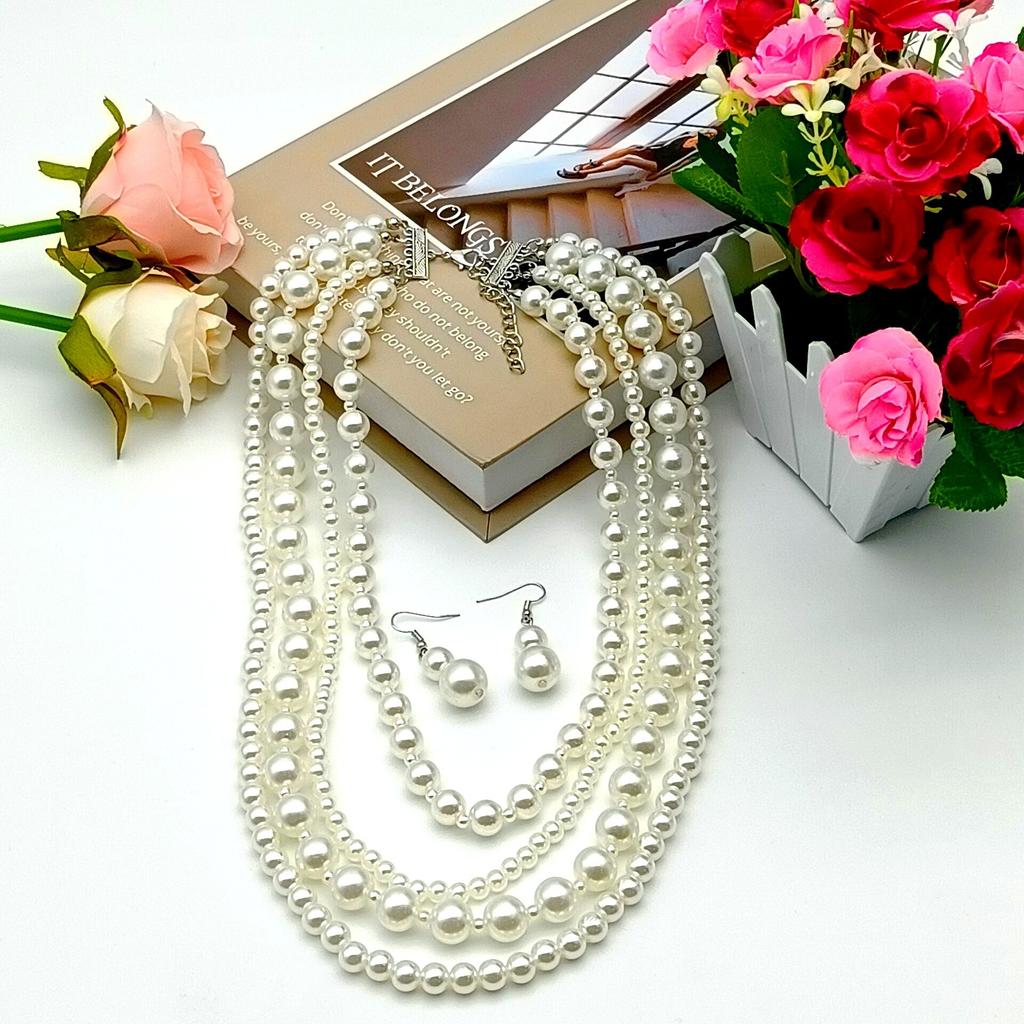 Европа и США горячая распродажа модный простой многослойный жемчужный комплект ожерелья и серег для бала