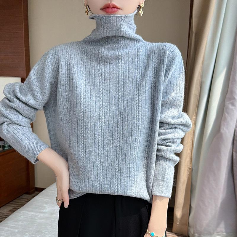 Women's Pure Wool Ribbed Turtleneck Sweater - Autumn/Winter Versatile Commuter Base Layer