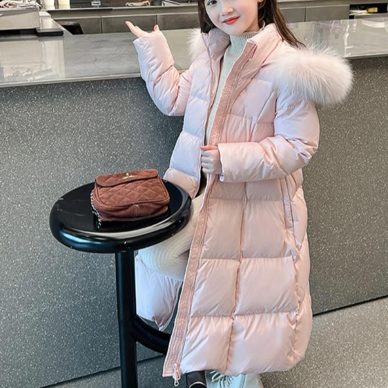 Зимняя одежда для девочек, длинная зимняя одежда, детская мода, пальто с большим меховым воротником