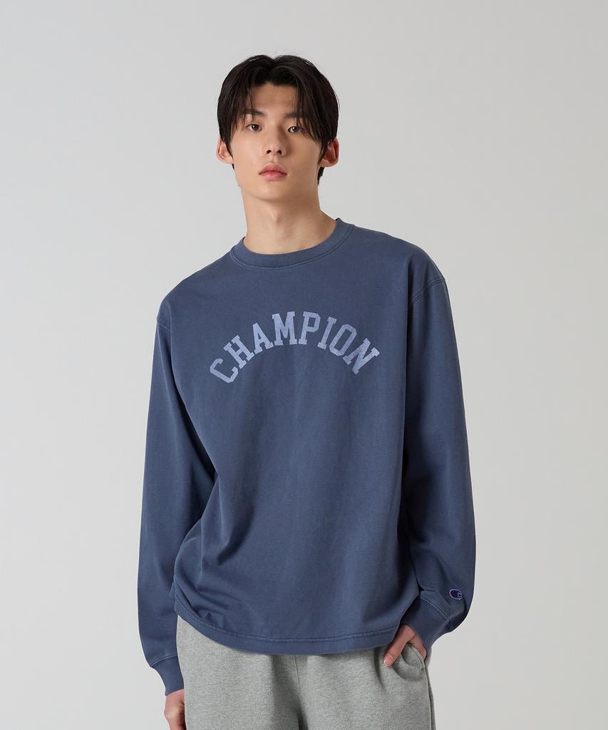 CHAMPION Arch Logo Loose Fit Garment-Dyed Long Sleeve T-Shirt Blue