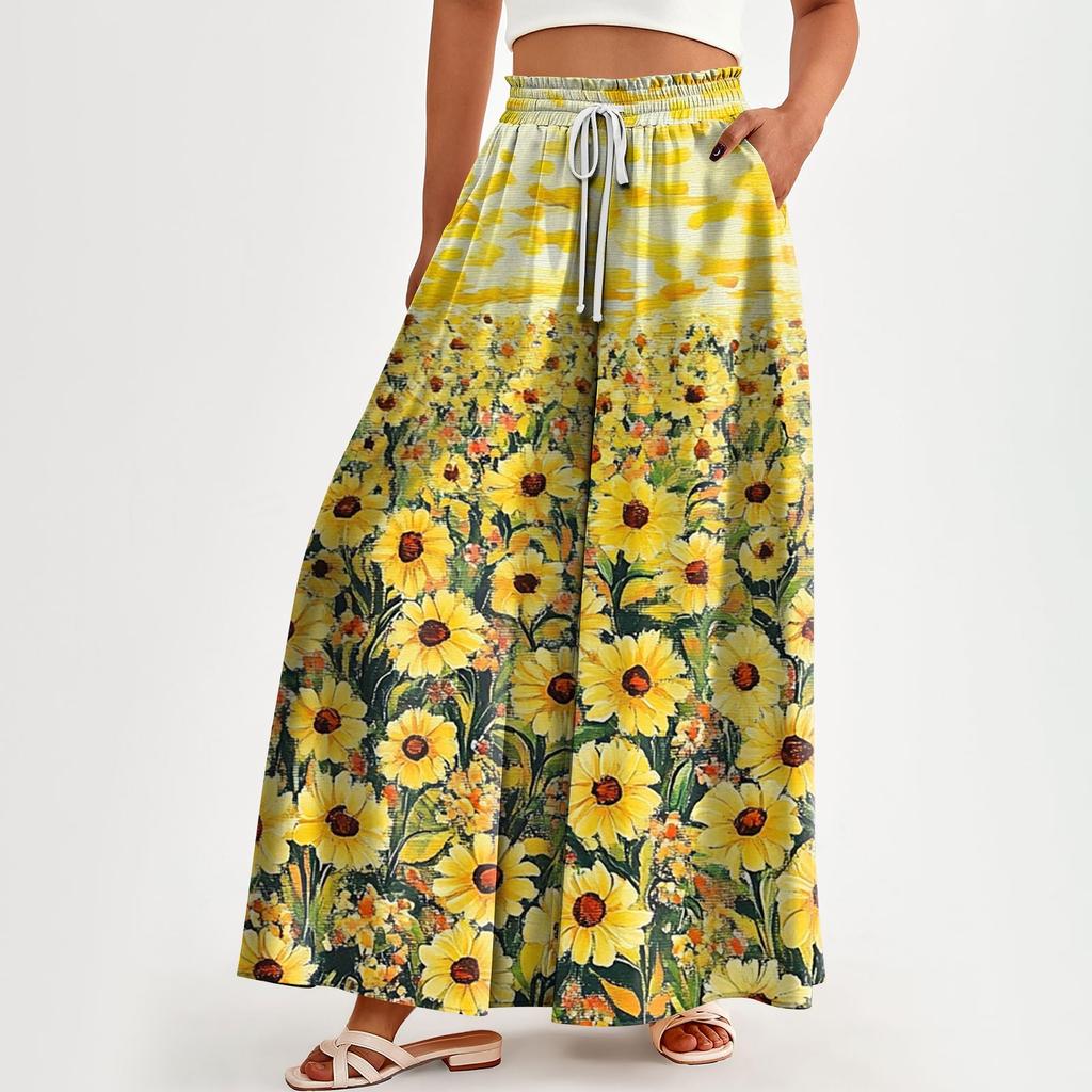 Women High Waisted Wide Leg Pants Casual Flowy Palazzo Pants Floral Print Trousers With Pocket