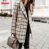 Women's Fashion Plaid Houndstooth Printing Long Jacket Lapel Trench Coat Overcoat Winter Wool Coat Women Abrigos Mujer