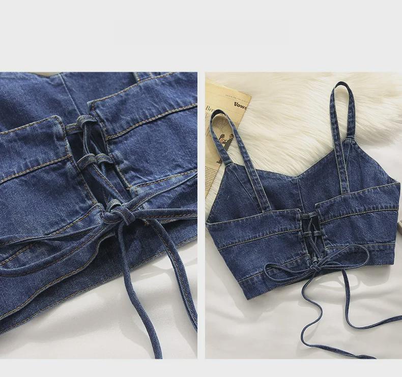 Женская джинсовая майка: Стильная летняя верхняя одежда с уникальными бретелями, облегающим кроем и укороченным дизайном