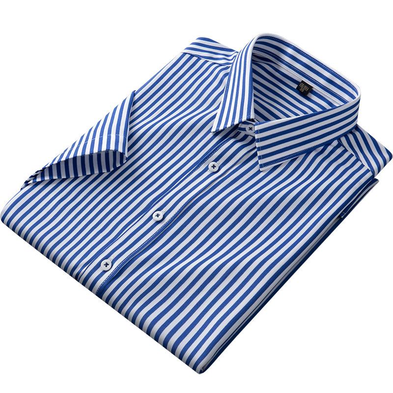 Short Sleeve Striped Men Stretch Work Shirt Non-Iron Summer Easy Care Male Tops Without Front Pocket
