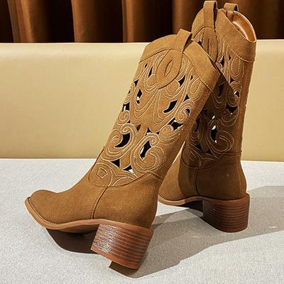 Винтажные ковбойские сапоги в западном стиле, толстый каблук, вышивка, прорези, рыцарские сапоги, винтажный размер, дышащие женские сапоги, остроносые сапоги