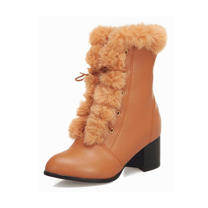 Мода 2025 Осень Зима Мех Женские Ботильоны Качество Однотонные На шнуровке Женская Обувь Мода Квадратный Высокий Каблук Лодочки Ботильоны Женские 33